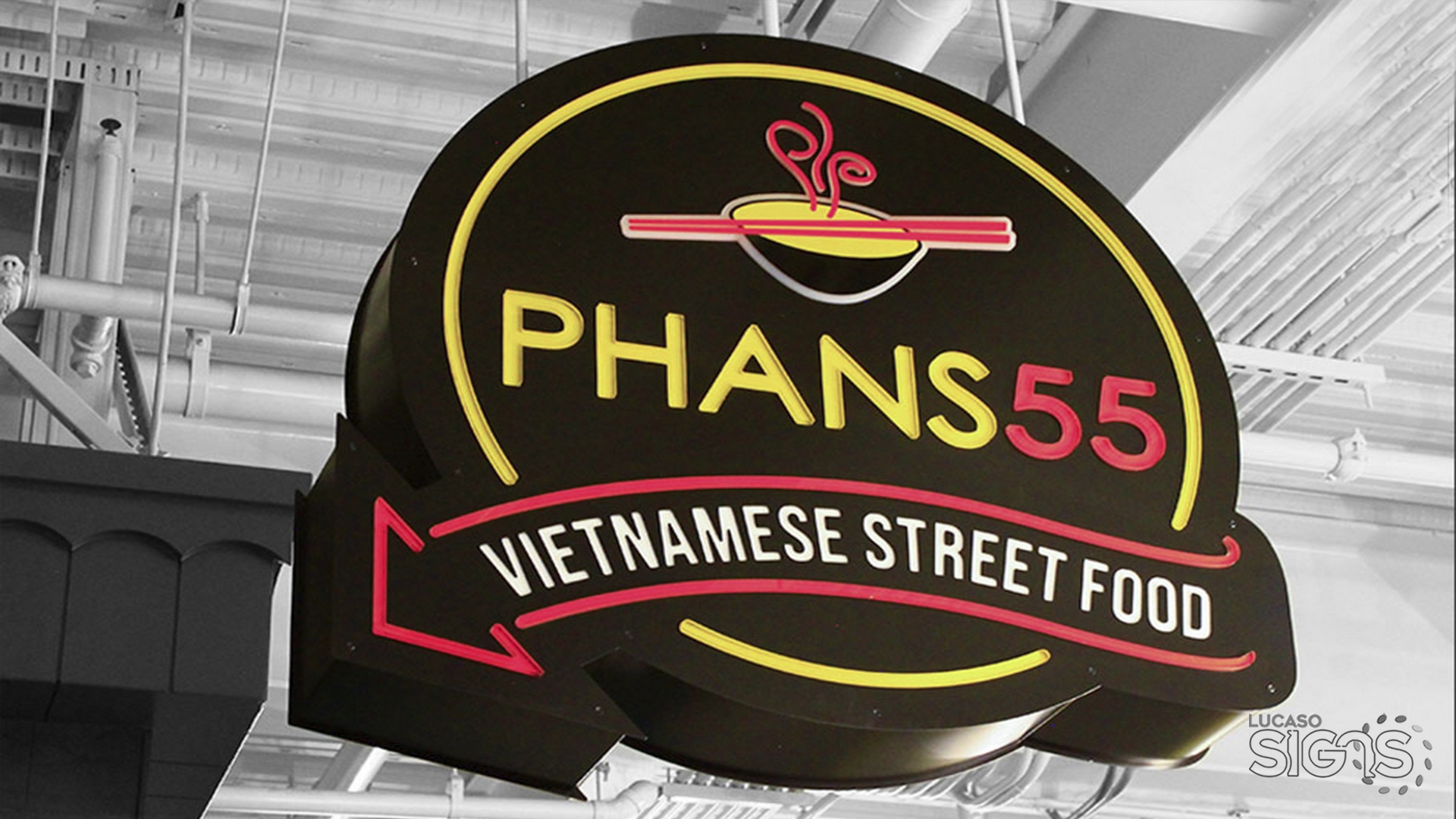 Custom blade sign with illuminated channel letters and bowl logo for Phans55 Vietnamese Street Food by Lucaso Signs