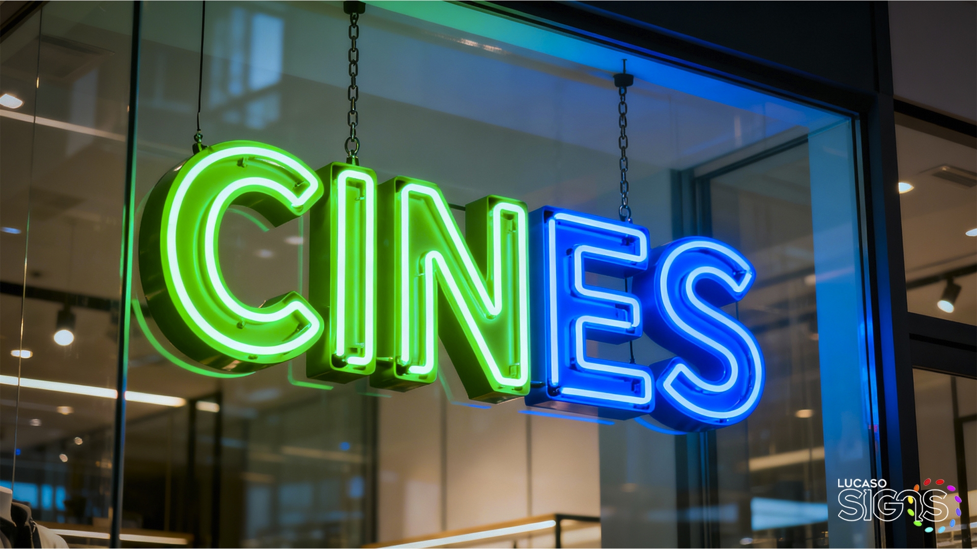 Green and blue illuminated channel letters spelling CINES, hanging inside a storefront window with neon-style LED lighting by Lucaso Signs