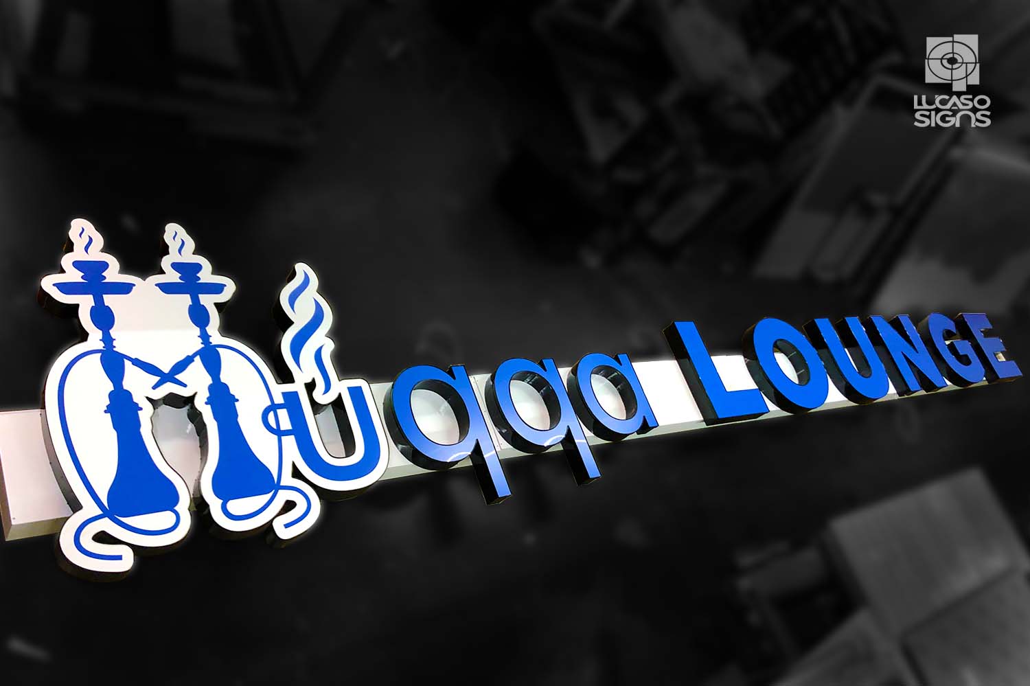 Smoke shop sign channel letters on raceways with dual color film blue on day white at night by Lucaso Signs