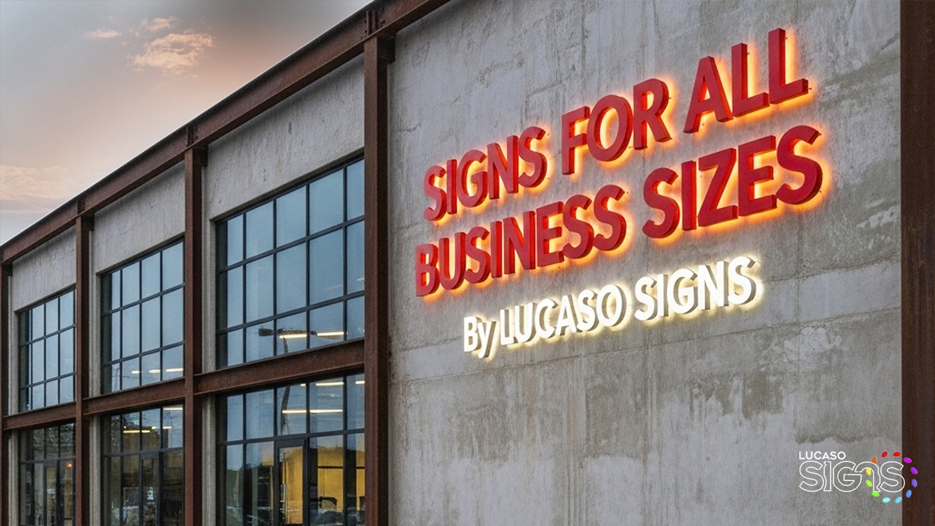 Industrial building with illuminated custom sign reading "Signs for All Business Sizes" by Lucaso Signs