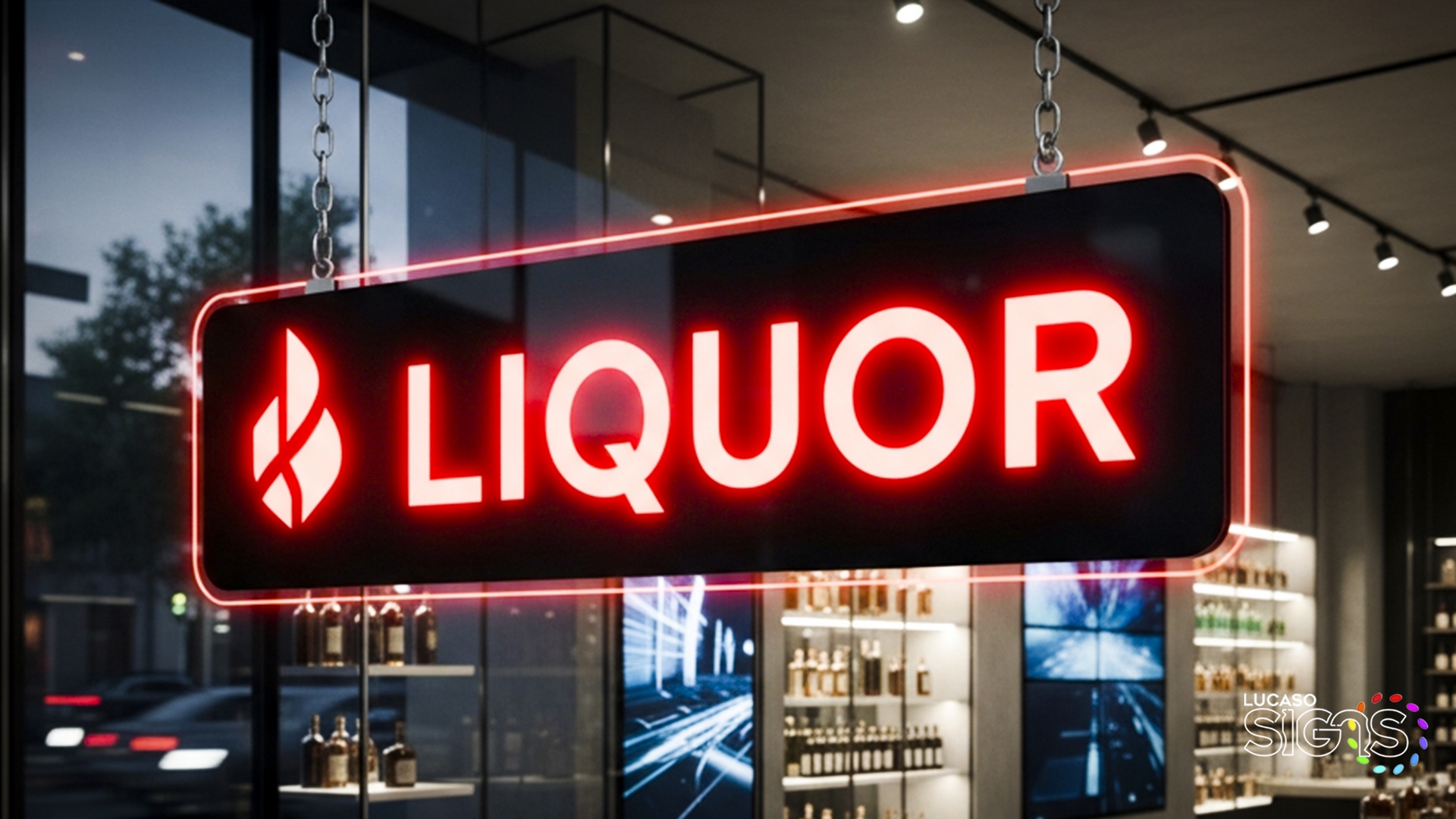 Red illuminated liquor window sign with glowing LED letters, hanging inside modern liquor store by Lucaso Signs