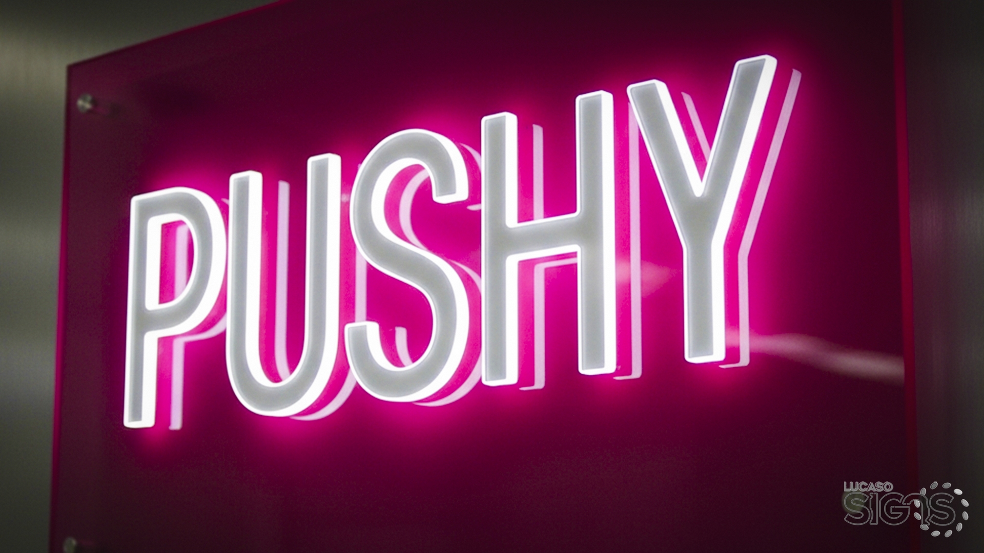 Push through letters with grey face on magenta background by Lucaso Signs