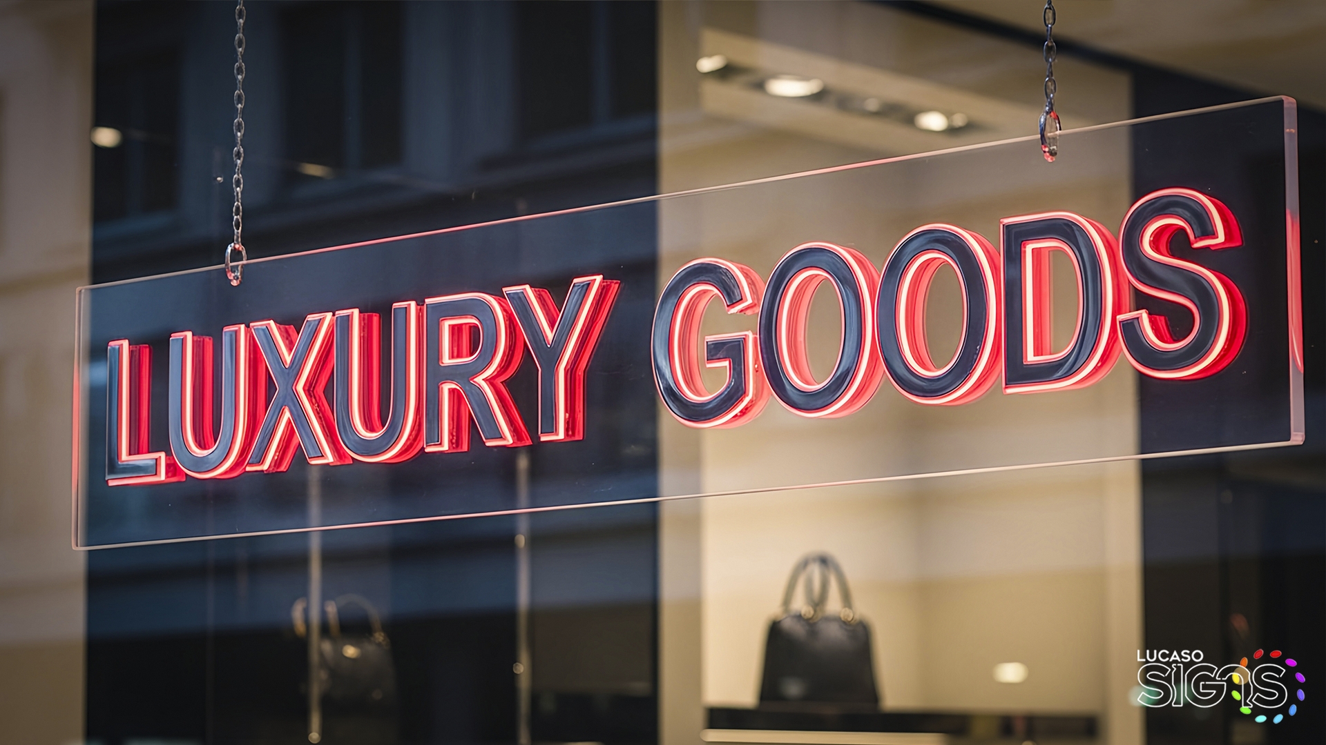 Red Illuminated Window Signs | Custom LED Hanging Storefront Displays by Lucaso Signs