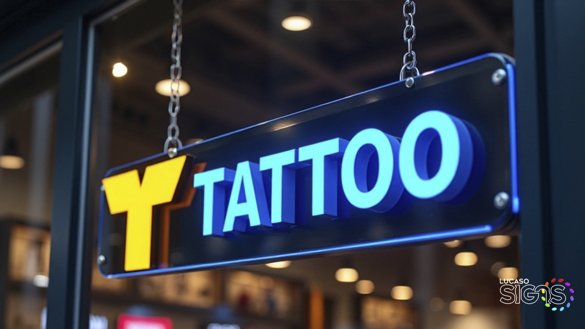 Blue illuminated tattoo shop window sign with bold LED letters and yellow logo, custom hanging signage by Lucaso Signs