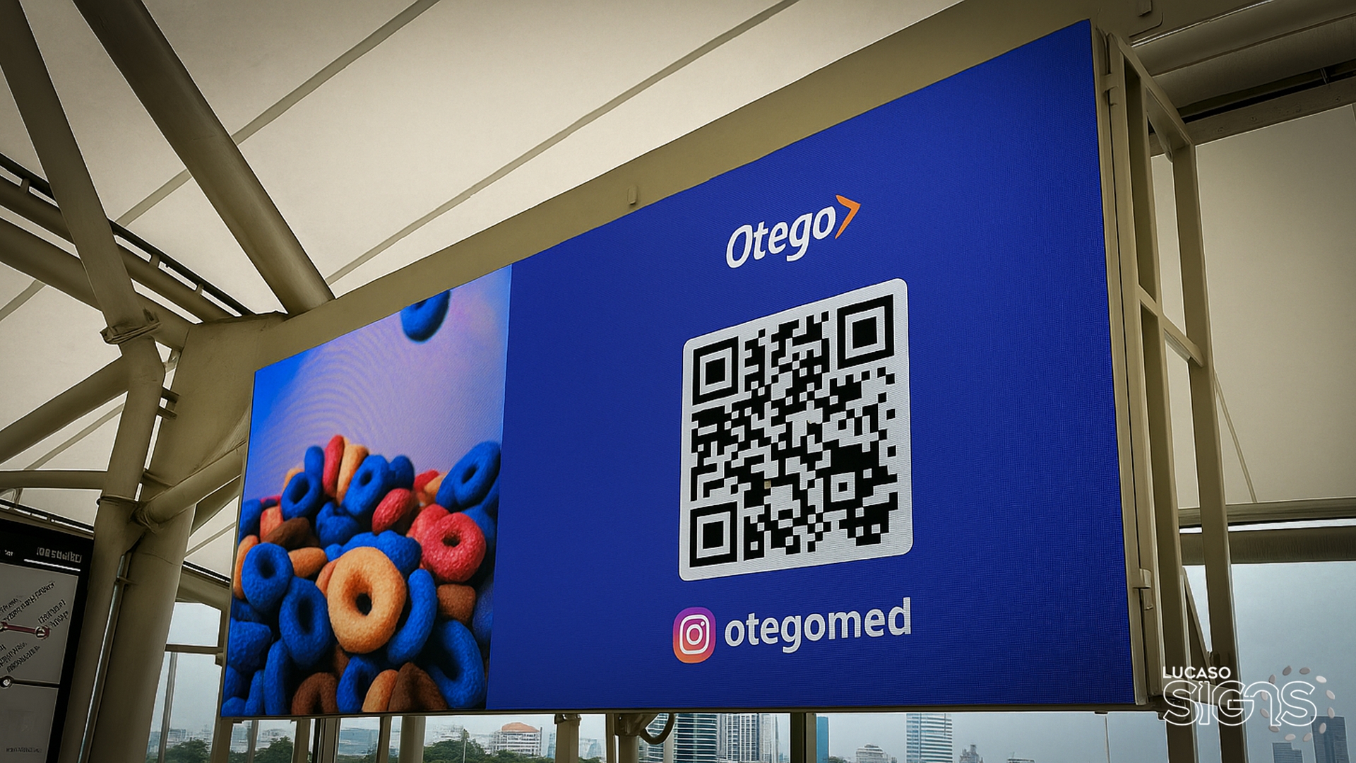 High-resolution indoor LED digital display with QR code and graphics installed by Lucaso Signs.
